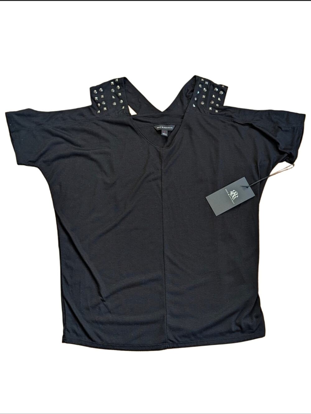 Rock & Republic Open Shoulder Strappy Studded Goth V Neck Shirt Size Small NWT